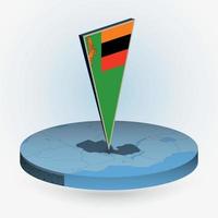 Zambia map in round isometric style with triangular 3D flag of Zambia vector