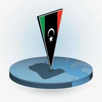 Libya map in round isometric style with triangular 3D flag of Libya vector