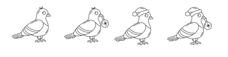 Set of isolated vector funny line pigeons, with a Christmas ball in its beak, in Santa's hat. New year, Christmas, winter urban theme. Good for coloring books.