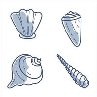 stSet of 4 vector illustrations of different seashells blue line contour with partial filling.