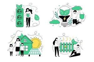 Ecology. The characters develop the concept of green energy. Green sustainable development illustration. The concept of green electricity and energy saving. Vector illustration.
