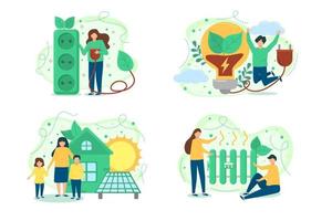 Ecology. The characters develop the concept of green energy. Green sustainable development illustration. The concept of green electricity and energy saving. Vector illustration.