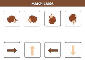 Left, right, up or down. Spatial orientation with cute hedgehog. vector