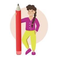 plano dibujos animados contento personaje estudiante niña en pie con un grande lápiz. educación concepto. vector ilustración aislado en blanco antecedentes