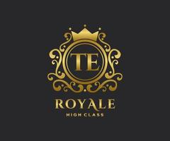 Golden Letter TE template logo Luxury gold letter with crown. Monogram alphabet . Beautiful royal initials letter. vector