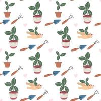 Seamless pattern with Gardening elements, DIY activities. Home gardening and plant care concept. Hand drawn abstract vector background.