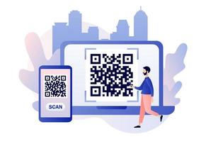 qr código exploración concepto. minúsculo masculino escanear código utilizando teléfono inteligente y ordenador portátil. moderno plano dibujos animados estilo. vector ilustración en blanco antecedentes