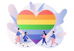 lgbt movimiento concepto. amor es amor. minúsculo personas con arco iris de colores corazón. amor desfile. moderno plano dibujos animados estilo. vector ilustración en blanco antecedentes