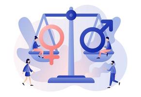 Gender equality concept. Female and Male gender sign on scales. Feminism movement for tolerance, rights and same opportunities like men do. Modern flat cartoon style. Vector illustration