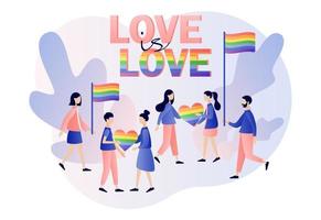amor desfile. lgbt movimiento concepto. amor es amor. minúsculo personas con arco iris de colores bandera y corazones. moderno plano dibujos animados estilo. vector ilustración en blanco antecedentes