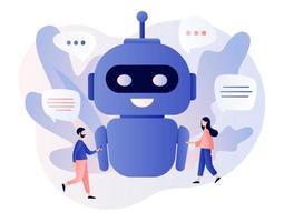 chatbot concepto. minúsculo personas chateando con chatbot solicitud. ai robot asistente, en línea cliente apoyo. moderno plano dibujos animados estilo. vector ilustración en blanco antecedentes