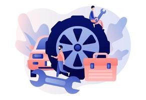 Car service and repair. Auto service concept. Tiny Repairman, Mechanics characters in uniform with tools and tire. Modern flat cartoon style. Vector illustration on white background