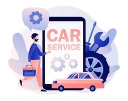 Car service and repair app. Auto service concept. Tiny Repairman, Mechanics characters in uniform with tools and tire. Modern flat cartoon style. Vector illustration on white background