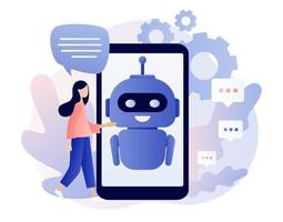 Chatbot concept. AI robot assistant, online customer support. Tiny girl chatting with chatbot application. Modern flat cartoon style. Vector illustration on white background