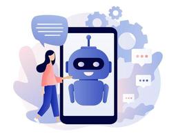 chatbot concepto. ai robot asistente, en línea cliente apoyo. minúsculo niña chateando con chatbot solicitud. moderno plano dibujos animados estilo. vector ilustración en blanco antecedentes