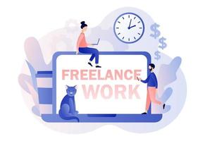 Freelance work concept. Tiny people work in comfortable conditions. Working space. Home office. Modern flat cartoon style. Vector illustration on white background