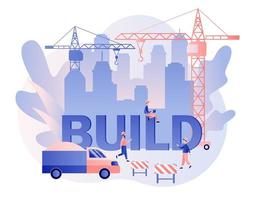 Build and Home Repair concept. Modern building process. Tiny men builders and repairers working. Modern flat cartoon style. Vector illustration on white background
