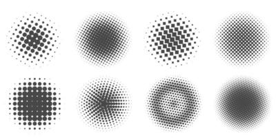 Circle dots with halftone pattern. Round gradient background. Elements with gradation points texture. Abstract geometric shapes. Vector set