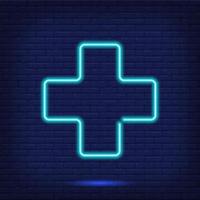 Plus and cross neon sign. Medical, pharmacy and health symbol. Night blue light effect. Vector