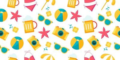 Summer seamless pattern with hobby and leisure beach objects, decorative pattern, wrapping paper, colorful background. vector