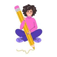 linda sonriente estudiante se sienta, sostiene un grande lápiz y escribe concepto para educación, creación, diseño, Blog. aislado plano dibujos animados personaje en blanco antecedentes vector