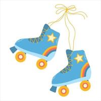 Pair stylish blue roller skates with stars, laces and rainbow in retro style of 60s 70s. Flat hand drawn colorful vector illustration isolated on white background.