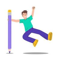 Cute smiling student holds a big pencil and jumping. Concept for education, creation, design, blog. Isolated flat cartoon character on white background vector