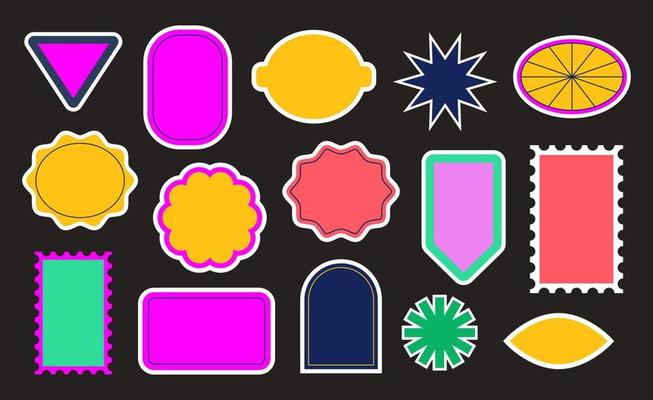 Modern abstract geometric shapes, stickers, templates for logo, labels. Playful 70s retro geometry. Vivid acid colors.