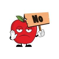 Apple fruit character cartoon holding up a wood sign with word NO. Suitable for poster, banner, web, icon, mascot, background vector