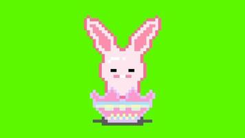 Animated pixel art cute bunny for easter eggs on green screen video