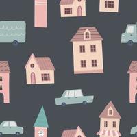 Seamless pattern with cute town elements. Small tiny houses, trees, cats, cafe vector illustration. Flat design. Hand draw style.