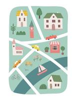 Cute town map for kids design. Hand drawn vector illustration. Baby poster with cartoon roads, city, forest and river. Nursery concept for bedding