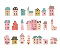 Set of small cute houses. Cartoon buildings icons. Tiny home collection in hand draw style isolated on white background. Flat design vector