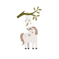 Hand drawn cute unicorn with leaves isolated on white background. Magic horn vector illustration. Childish cartoon poster with fairytale animal, invitation, postcard