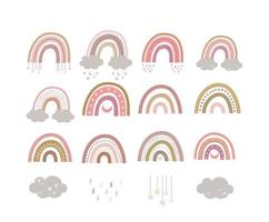 Flat vector set of boho rainbows and cloud isolated on white backgrond. Nursery baby scandinavian decorations. Hand drawn color arc collection. Cartoon vector illustration