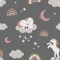 Seamless pattern with cute unicorn sleeping on moon with floral elements. Hand drawn magic horn with rainbow and clouds. Flat celestial vector illustration.