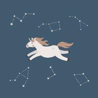 Cute magic unicorn fly in sky with stars. Cartoon dream pony vector illustration. Kids poster, card, invitation, cloth design, nursery decor.