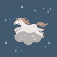 Magic unicorn sleep on cloud. Cute childish poster with fairytale animal and stars. Cartoon characters for birthday, invitation, card, kids cloth and nursery design. vector