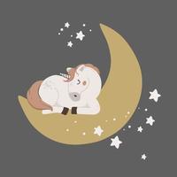 dormido linda unicornio con Luna y estrellas. magia poni mano dibujado ilustración. caracteres para cumpleaños, invitación, bebé ducha tarjeta, niños paño y guardería diseño. vector