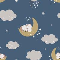 Seamless pattern with cute unicorn in the sky. Hand drawn magic horn sleep on moon on a dark background. Flat celestial vector illustration.