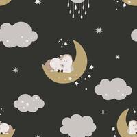 Seamless pattern with cute unicorn in the sky. Hand drawn magic horn sleep on moon on a dark background. Flat celestial vector illustration.