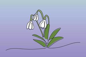 Vector illustration continuous one line of white snowdrop. Spring card with snowdrop. Spring flower