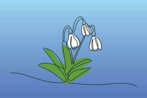 Vector illustration continuous one line of white snowdrop. Spring card with snowdrop. Spring flower