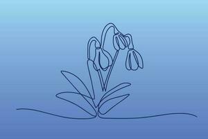 One line snowdrop isolated on blue background. Vector illustration continuous one line of white snowdrop. Spring card with snowdrop. Spring flower. Vector