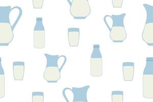 Milk bottle, jug and glass with milk Seamless pattern. Vector illustration. Vector