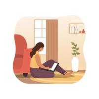 Woman working on laptop on the floor vector