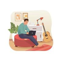 Man working on laptop at home vector