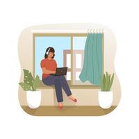 Woman working on laptop while sitting on the window vector