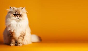 white persian cat portrait yellow background. with copy space. generative ai photo