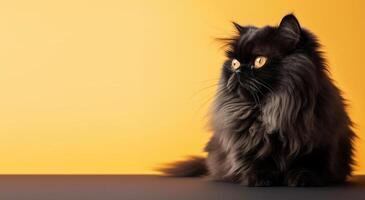 black persian cat portrait yellow and black background. with copy space. photo